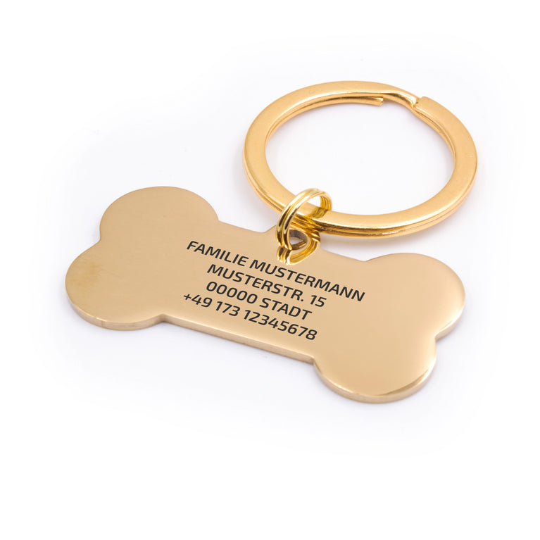 Personalisierte Hundemarke Knochen mit Lasergravur 'Goldfarben' (Edelstahl)