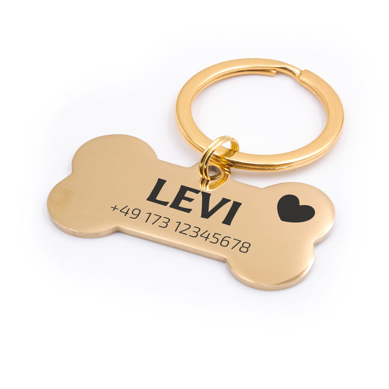 Personalisierte Hundemarke Knochen mit Lasergravur 'Goldfarben' (Edelstahl)