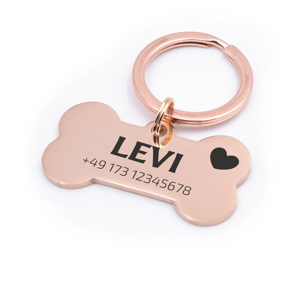 Personalisierte Hundemarke Knochen mit Lasergravur 'Rosegoldfarben' (Edelstahl)