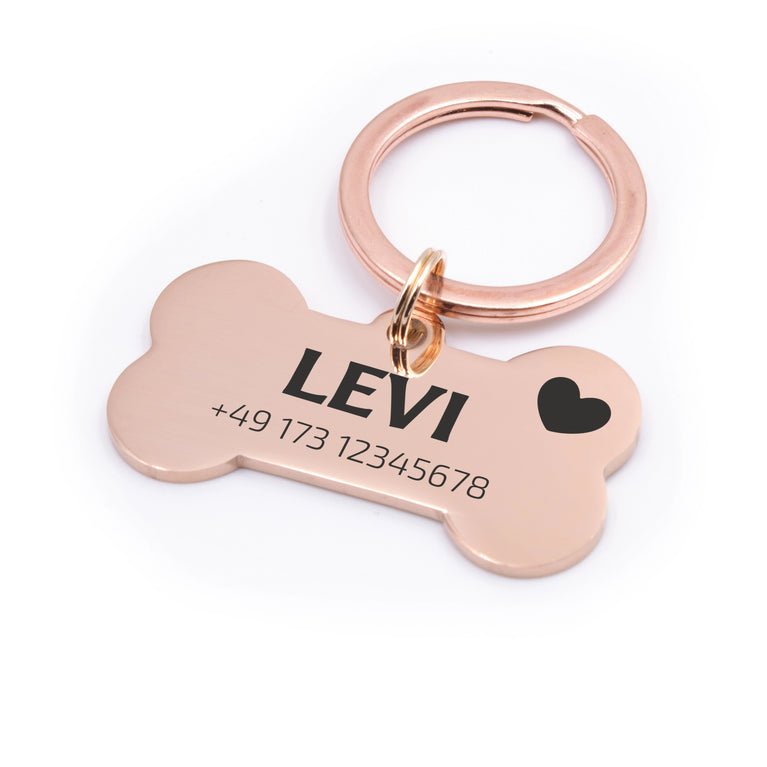 Personalisierte Hundemarke Knochen mit Lasergravur 'Rosegoldfarben' (Edelstahl)