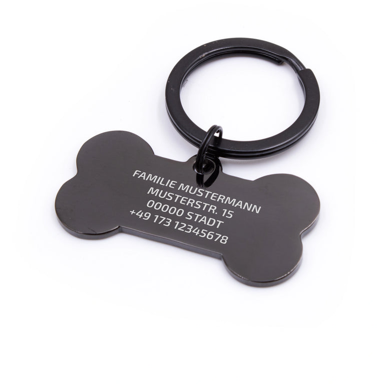Personalisierte Hundemarke Knochen mit Lasergravur 'Schwarz' (Edelstahl)
