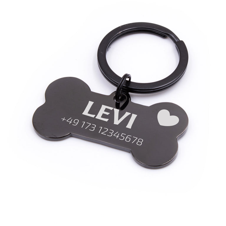 Personalisierte Hundemarke Knochen mit Lasergravur 'Schwarz' (Edelstahl)