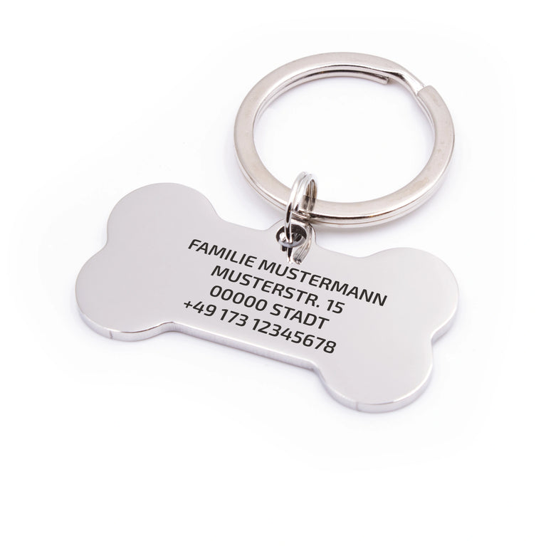 Personalisierte Hundemarke Knochen mit Lasergravur 'Silber' (Edelstahl)