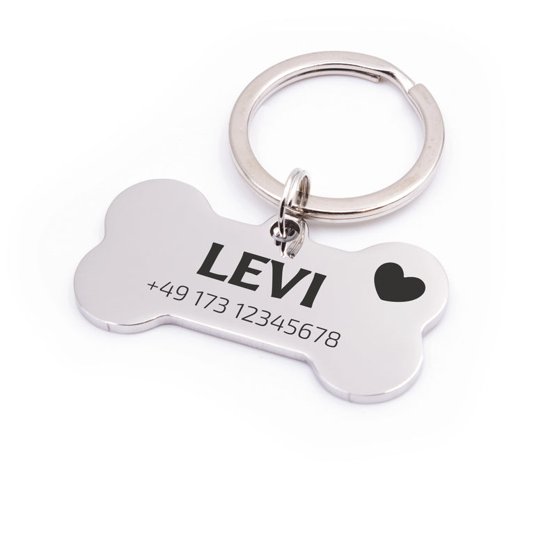 Personalisierte Hundemarke Knochen mit Lasergravur 'Silber' (Edelstahl)