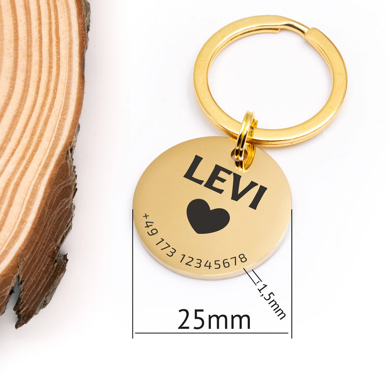 Personalisierte Hundemarke Rund mit Lasergravur 'Gold' Glanz (Edelstahl)
