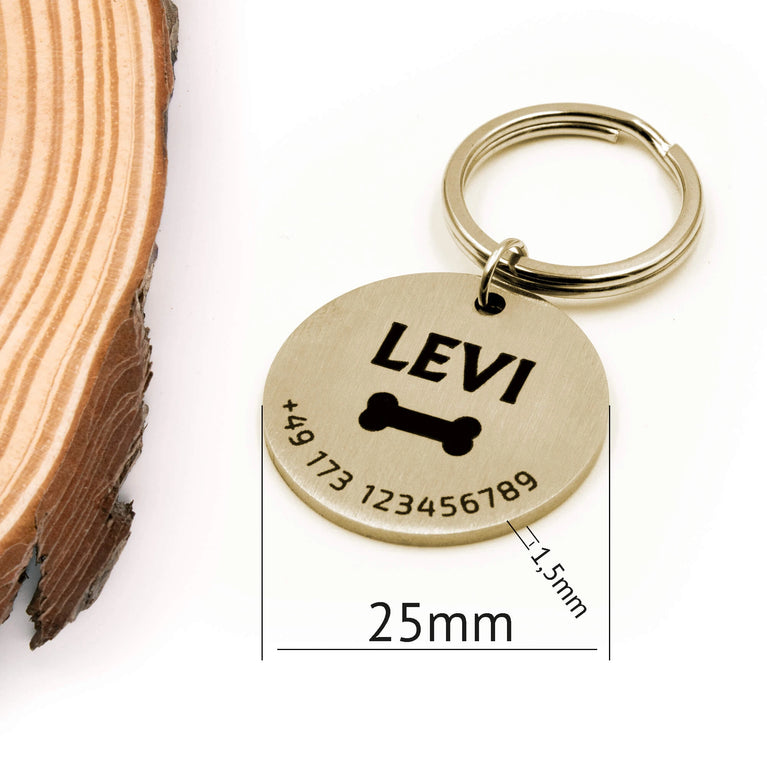 Personalisierte Hundemarke Rund mit Lasergravur 'Gold' Matt (Edelstahl)