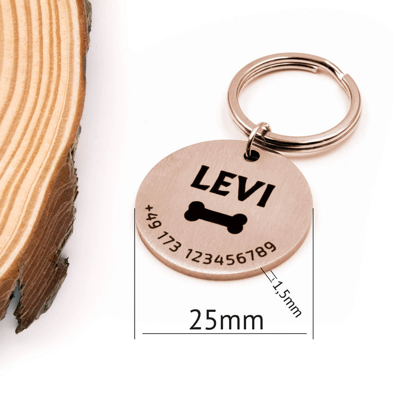 Personalisierte Hundemarke Rund mit Lasergravur 'Roségold' Matt (Edelstahl)