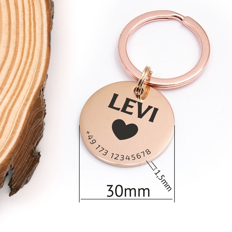 Personalisierte Hundemarke Rund mit Lasergravur 'Roségold' Glanz (Edelstahl)