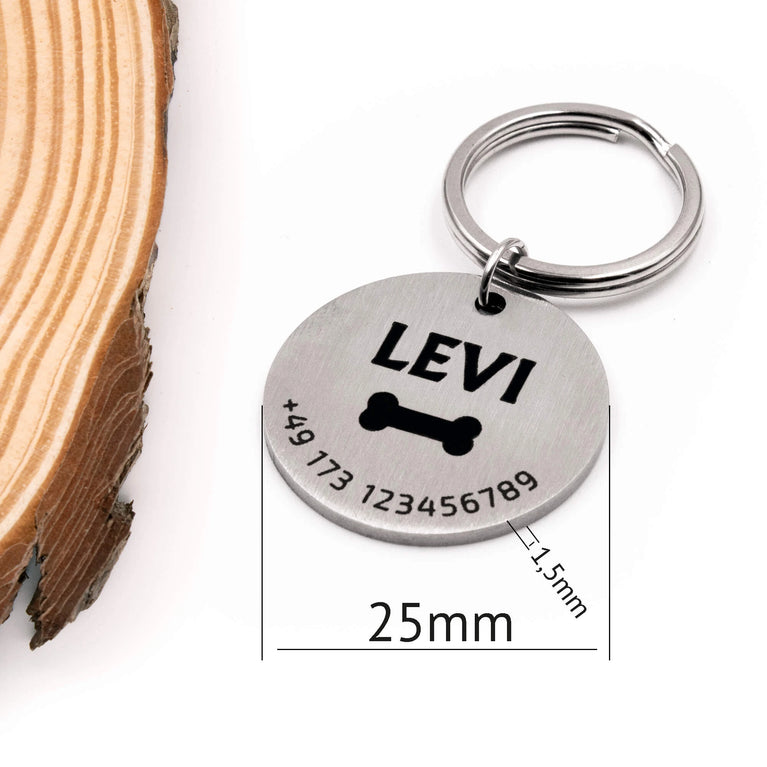 Personalisierte Hundemarke Rund mit Lasergravur 'Silber' Matt (Edelstahl)
