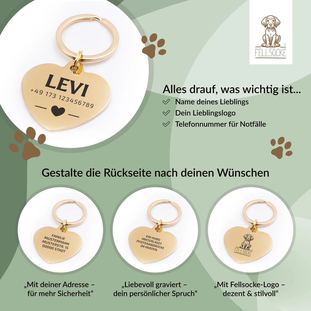 Personalisierte Hundemarke Herz mit Lasergravur 'Gold' (Edelstahl)