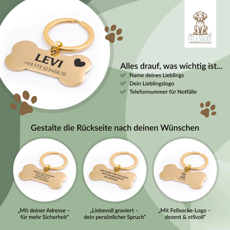 Personalisierte Hundemarke Knochen mit Lasergravur 'Goldfarben' (Edelstahl)