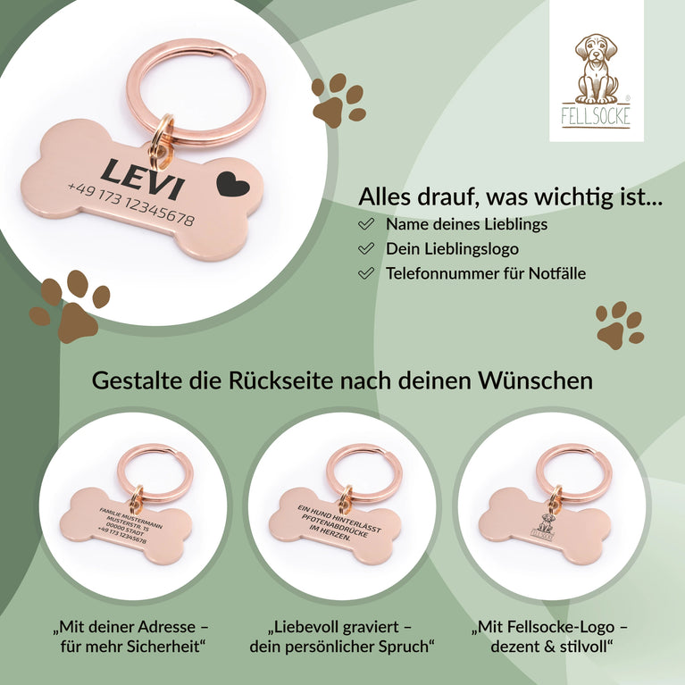 Personalisierte Hundemarke Knochen mit Lasergravur 'Rosegoldfarben' (Edelstahl)
