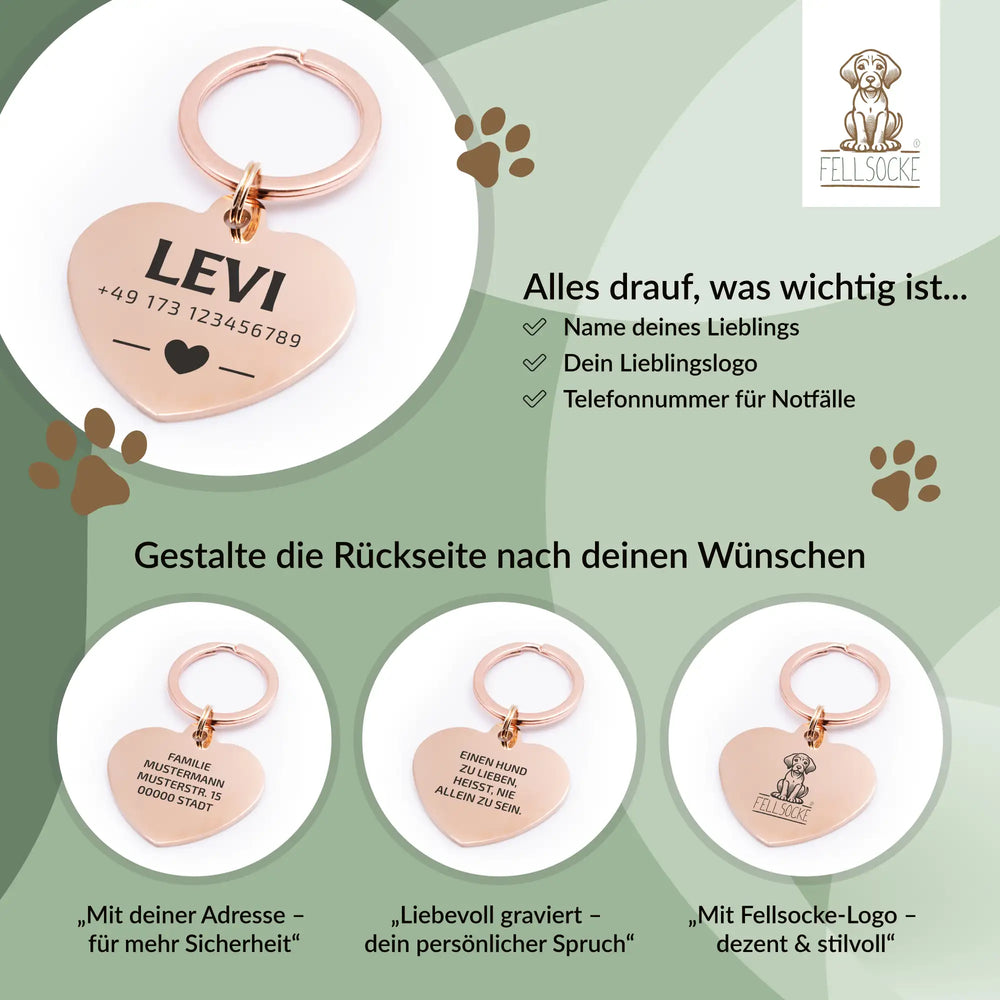 Personalisierte Hundemarke Herz mit Lasergravur 'Rosegold' (Edelstahl)