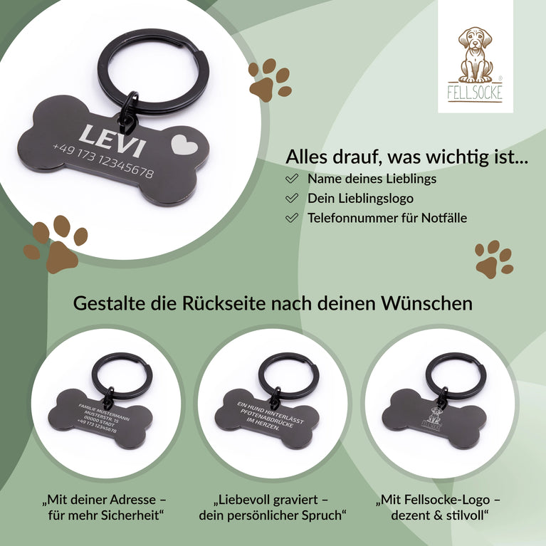 Personalisierte Hundemarke Knochen mit Lasergravur 'Schwarz' (Edelstahl)