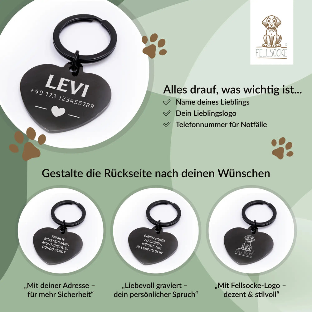 Personalisierte Hundemarke Herz mit Lasergravur 'Schwarz' (Edelstahl)