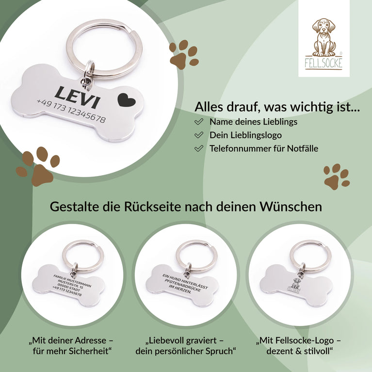 Personalisierte Hundemarke Knochen mit Lasergravur 'Silber' (Edelstahl)