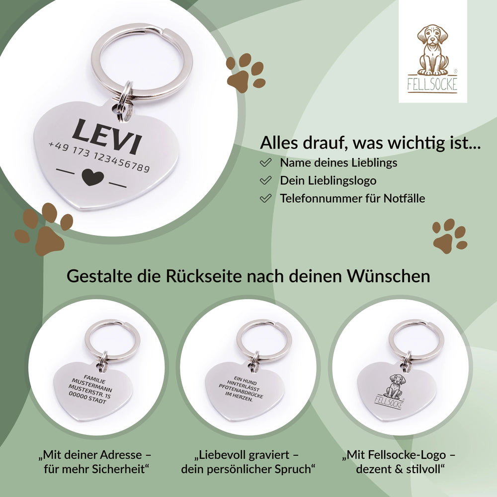 Personalisierte Hundemarke Herz mit Lasergravur 'Silber' (Edelstahl)