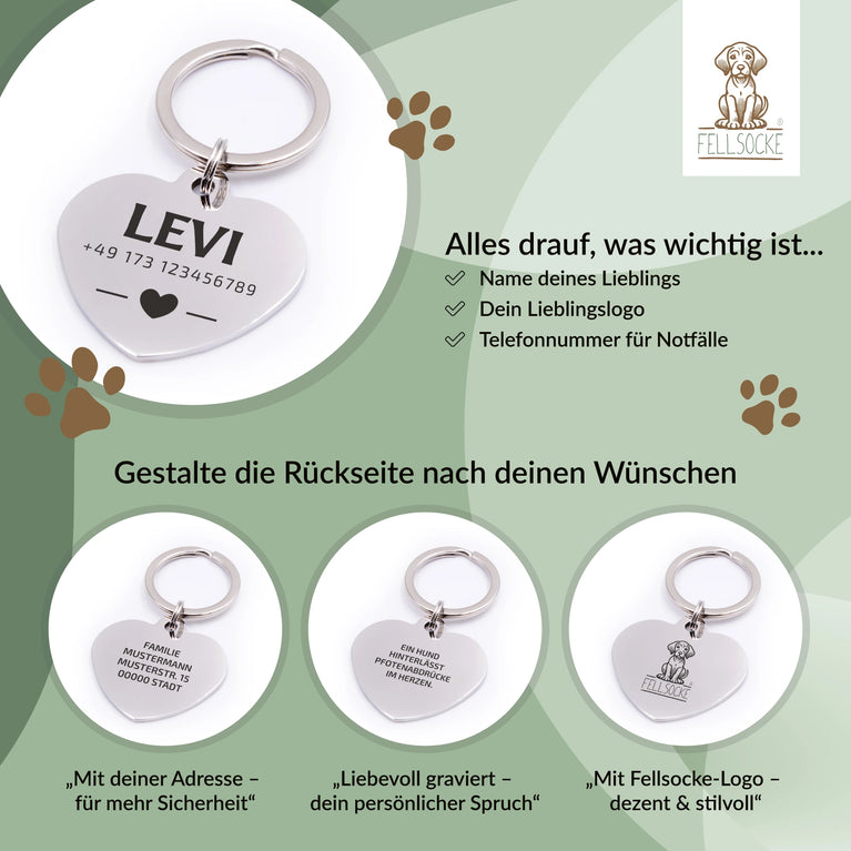 Personalisierte Hundemarke Herz mit Lasergravur 'Silber' (Edelstahl)