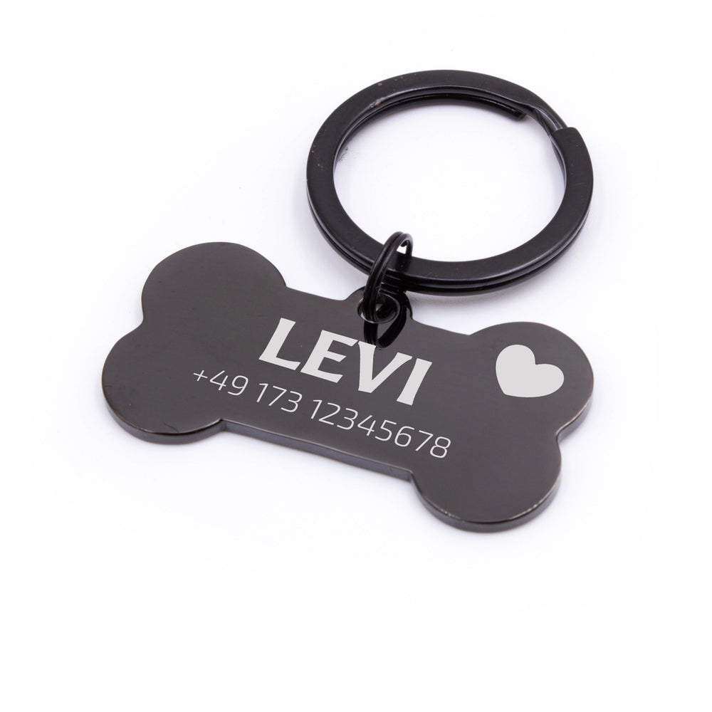 Personalisierte Hundemarke Knochen mit Lasergravur 'Schwarz' (Edelstahl)